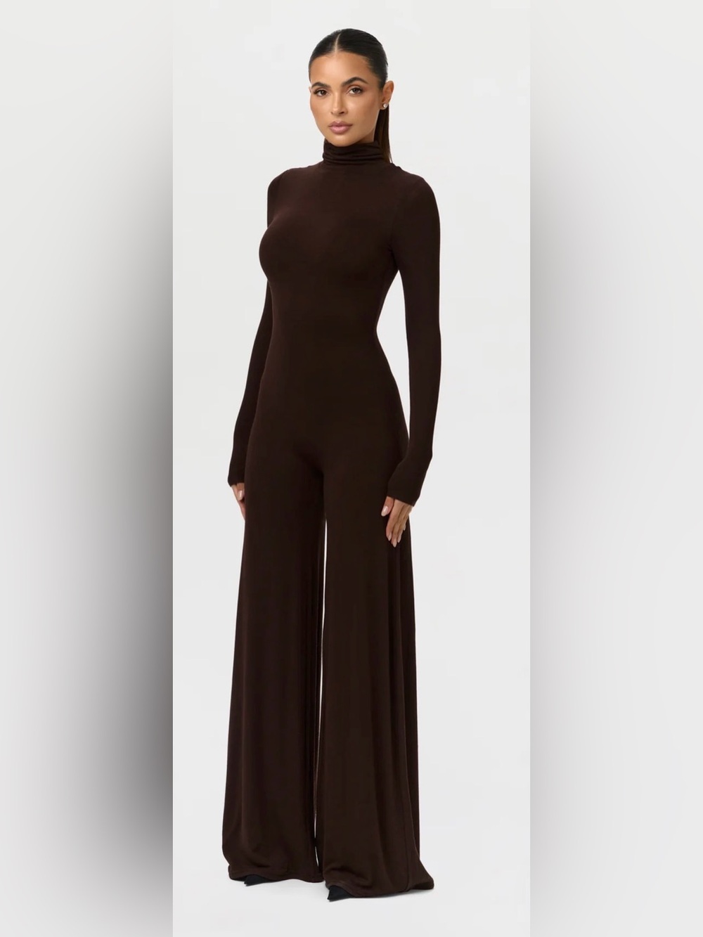 NAKED WARDROBE Wide-Leg Long-Sleeve Jumpsuit in CHOCOLATE NWOT